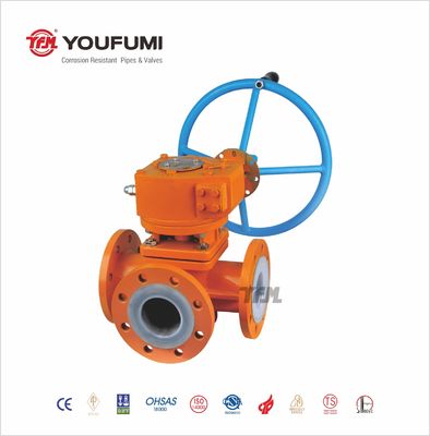 3 Way FEP/PFA Lined Ball Valve Worm Gear Operated Flange Type
