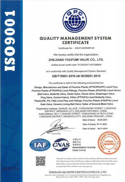 China Zhejiang Youfumi Valve Co., Ltd. certification